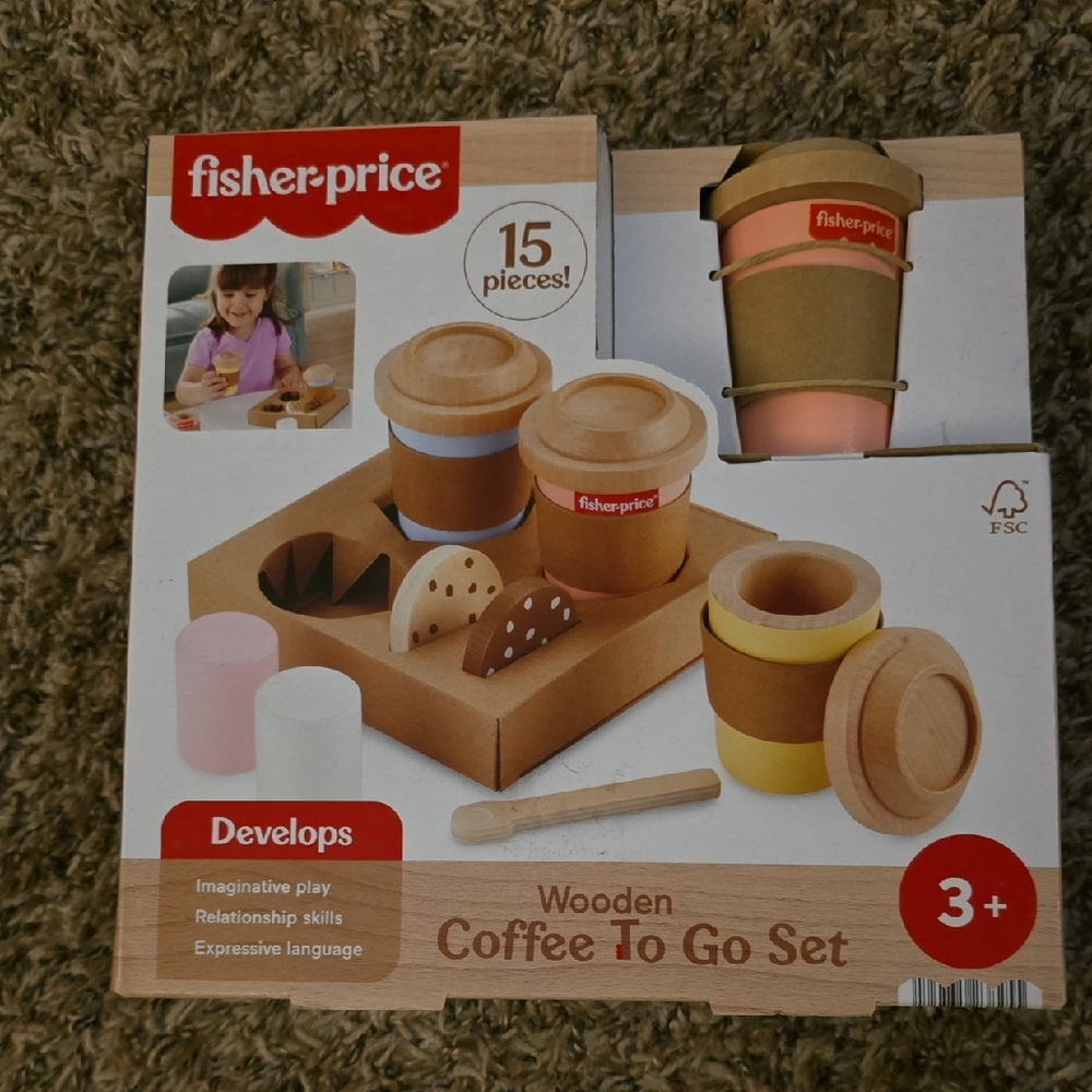 Fisher-Price Wooden Coffee To Go Set - Brown, Yellow, Pink